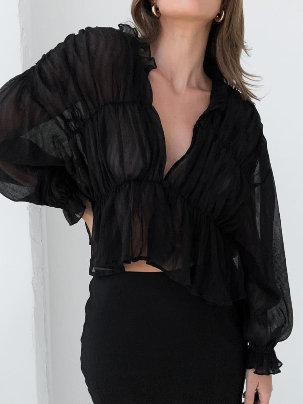 Commense Sheer Chiffon Ruffle Detail Blouse - Picture 2 of 4